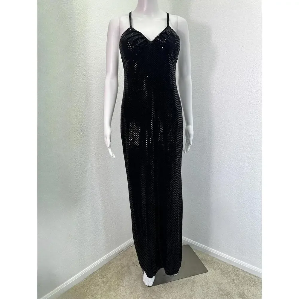 Y2K Vtg Jump Apparel Sz 5/6 Black Velvet Sequined Maxi Clubwear Gown Prom